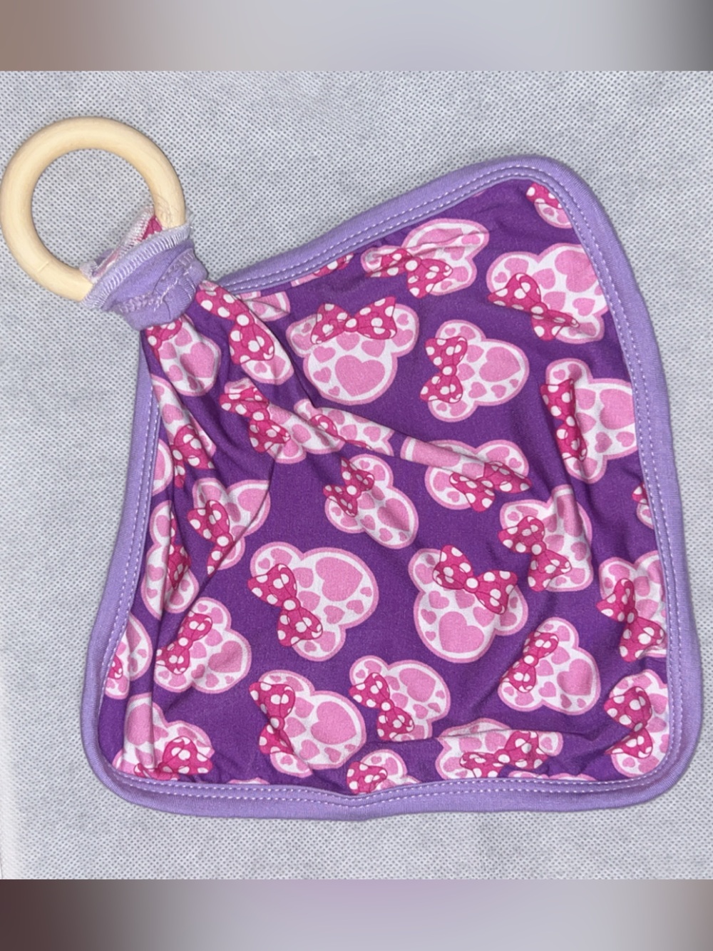 Purple Pink Minnie-Style Baby Bamboo Lovey with Wooden Ring